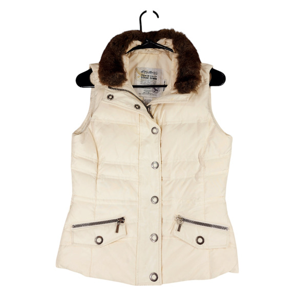Eddie Bauer Women XS Goose Down Puffer Vest 700 Cream Faux Fur Full Zip‎ Snap - Picture 1 of 16